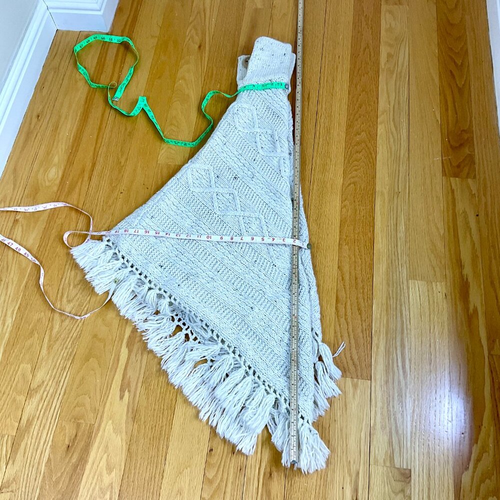 Chunky Knit Poncho Cape Fringe Button Ivory (OS) - Picture 9 of 10